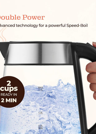 Speed-Boil Electric Kettle For Coffee & Tea - 1.7L Water Boiler 1500W, Borosilicate Glass, Easy Clean Wide Opening, Auto Shut-Off, Cool Touch Handle, LED Light. 360° Rotation, Boil Dry Protection