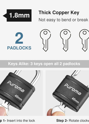 Puroma 2 Keyed Padlock with 3 Keys 7/8" School Locker Lock Gate 40mm Black | For Gym Locker Gate Outdoor, Keyed Alike, Hardened Steel Shackle, Weather-resistant, Resist cut & pry, Multi-pin cylinders