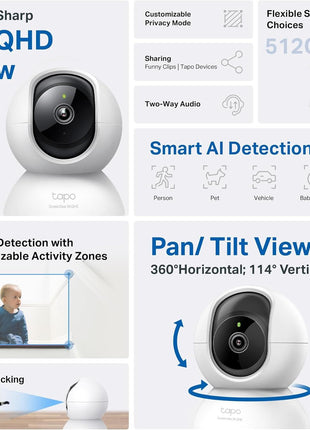 TP-Link Tapo 2K QHD Pan/Tilt Security Camera for Pet Camera, Baby Monitor, Motion Detection, Motion Tracking, 2-Way Audio, Night Vision, Cloud &SD Card Storage, Works w/Alexa & Google Home(Tapo C220)
