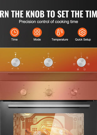 VEVOR Single Wall Oven, 2.68 Cu.Ft Electric Wall Ovens with Timer, 24" Built-in Electric Wall Oven with 6 Cooking Functions, Mechanical Knob Control Convection Wall Oven with Baking Rack and Tray