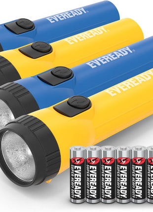 EVEREADY LED Flashlights (4-Pack), Bright Flashlights for Emergencies and Camping Gear, Flash Light with AA Batteries Included, Blue/Yellow (4-Pack)