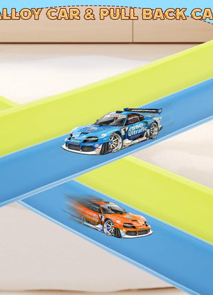 Flex Tracks 15 Ft for Kids Starter Set, Flexible Race Car Ramp Track with Suction Cups Compatible with Diecast 1/64th Cars for Ages 3 & Up (Green & Blue)
