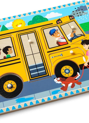 Melissa & Doug The Wheels on The Bus Song Puzzle – 8-Piece Wooden Peg Puzzle with Light-Activated Sounds, Music Learning Toy for Toddlers and Preschoolers Ages 2+