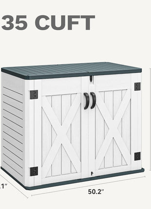 DWVO Outdoor Storage Shed, Weatherproof Resin, 35 Cu Ft Capacity, Horizontal Design, X-Shaped Lockable Door, Suitable for Bike, Garden Tools, Trash Cans, Light Gray
