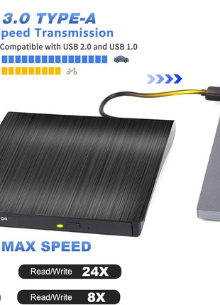 External CD/DVD Drive for Laptop, Portable CD DVD Player, USB 3.0 A, Black | CD ROM burner compatible with Laptop Desktop PC Windows Linux OS Apple Mac record music videos install software backup