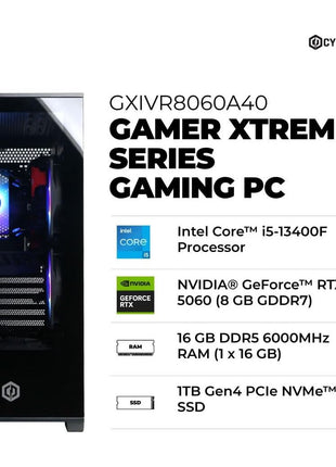 CyberPowerPC Gamer Xtreme VR Gaming PC, Intel Core i5-13400F 2.5GHz, GeForce RTX 5060 8GB, 16GB DDR5, 1TB PCIe 4.0 SSD, WiFi Ready & Windows 11 Home (GXiVR8060A40)