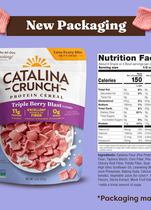 Catalina Crunch Protein Cereal - Sugar Free Breakfast Cereal with 11g of Protein - Gluten Free - Triple Berry Blast - 8 oz. Bag (Pack of 1), Packaging May Vary