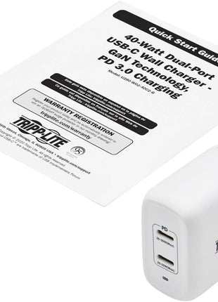 Tripp Lite USB-C Dual-Port Wall Charger, Compact Travel Size Folding Plug, USB 3.0, 40W Power Delivery Charging, Temperature Cooling Gallium Nitride Technology, 2-Year Warranty (U280-W02-40C2-G)