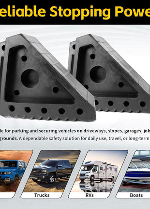 MaxxHaul Solid Rubber Wheel Chock 2-Pack | 8" x 4" x 6" Heavy-Duty Tire Stop | Non-Slip Traction Pads | Built-in Handle | All-Weather Vehicle Safety Block | Black | (70472)