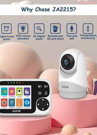 JUAN Baby Monitor with Camera and Audio, No WiFi 100% Private, 1000ft Range Connection, Remote Pan-Tilt-Zoom, Night Vision, Temperature Sensor, 8 Lullabies, 2-Way Talk for Newborn Infant