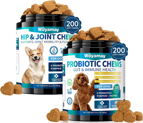 Dual-Action Dog Probiotics & Hip/Joint Supplement - 200 Soft Chews with Glucosamine, Chondroitin, MSM, Probiotics for Digestion, Immune & Joint Health, Gas Relief, Chicken Flavor (All Ages/Breeds)