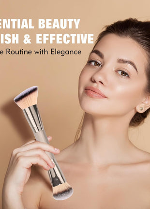 Dual-Ended Foundation Brush: Round & Angled makeup brushes, 100% Vegan Synthetic Makeup Brush for Flawless Blending and Application of Liquid, Powder, Cream, Blush