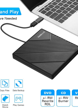 Amicool External DVD Drive USB 3.0 USB C CD Burner CD/DVD +/-RW Optical Drive, Slim Portable DVD CD ROM Rewriter Writer Duplicator for Laptop Desktop PC Windows 11/10/8/7 MacBook Mac Linux OS Apple