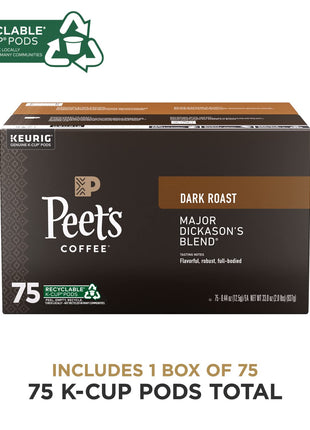 Peet's Coffee, Dark Roast Keurig K-Cup Pods, 100% Arabica Coffee - Major Dickason's Blend 75 Count (1 Box of 75 Pods)