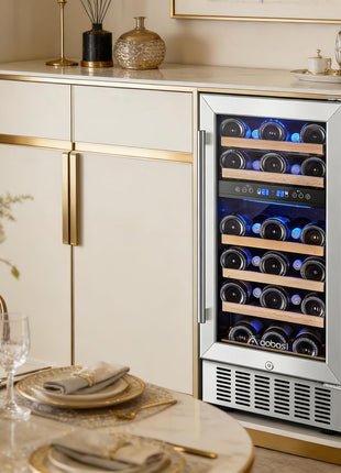 AAOBOSI 24 Inch Dual Zone Wine and Beverage Cooler,19 Bottles & 88 Cans Upgraded Wine Fridge,Built-in and Freestanding,Removable Fashion Wooden Frame,Intelligent Digital Temperatrue Control,Low Noise