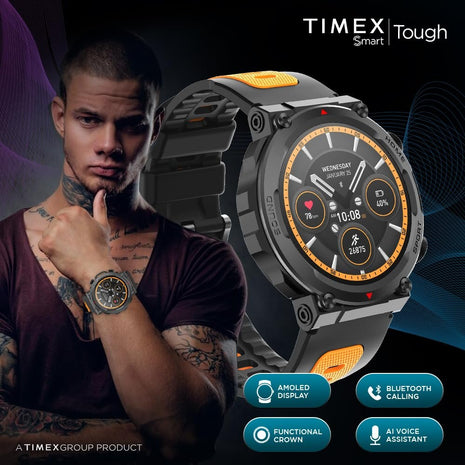 TIMEX Tough 1.43 inch Round AMOLED Rugged Smartwatch with 466x466 Pixel Resolution| Functional Crown|Bluetooth Calling| Metallic Body|Always On Display|AI Voice Assist|100+ Sports Modes|100+ Watchfaces