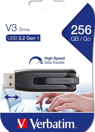 Verbatim 256GB USB 3.0 Store 'n' Go V3 Flash Drive - Cap-Less & PC/Mac Compatible - Gray