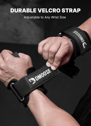 DMoose Fitness Weight Lifting Hooks (Pair) for Deadlifts, Pull Ups, Rows & Shrugs - Anti-Rip Nylon Strap Hand Grips with Thick Wrist Padding - Heavy Duty Wrist Straps for Weightlifting & Gym Workouts