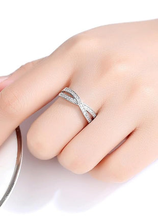 925 Sterling Silver CZ Ring, Creative Criss Cross Design X Ring for Women, Simulated Diamond Cubic Zirconia Ring Jewelry-Making-Patterns 7