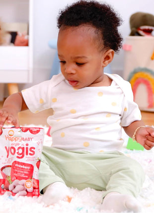 Happy Baby Organics Baby Snacks, Greek Yogis, Freeze Dried Yogurt & Fruit Snacks, Gluten Free Snack for Babies 9+ Months, Strawberry & Banana, 1 Ounce