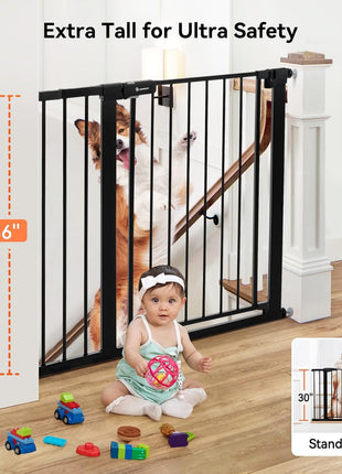 COMOMY 36" Extra Tall Baby Gate for Stairs, Fits 29.5" to 48.8" Openings | Auto Close Extra Wide Dog Gate for House, Pressure Mounted Easy Walk Through Pet Gate with Door, Black