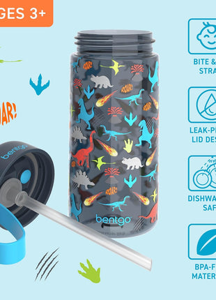 Bentgo Kids Water Bottle - Leak-Proof, Durable Tritan, BPA-Free 15 oz. Cup for Kids/Toddlers Ages 3+, Bite & Sip Spout, Carrying Handle & Dishwasher Safe for School, Sports, Daycare & Camp (Dinosaur)