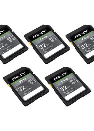 PNY 32GB Elite Class 10 U1 V10 SDHC Flash Memory Card - 100MB/s Read, Class 10, U1 Full HD, UHS-I, Full Size SD (Pack of 5)
