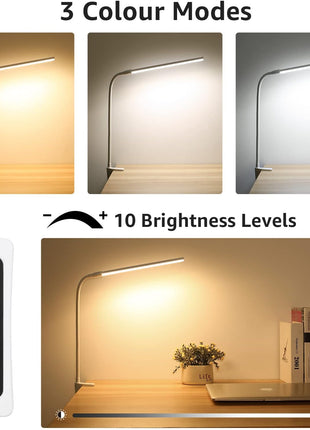 Lepro Small Desk Lamp with Clamp, LED Reading Lamps, 460LM, 5W, White | 3 Color Modes 10 Brightness, Dimmable USB Clip on Desk Light with Gooseneck Swing Arm for Nail, Home Office and Dorm
