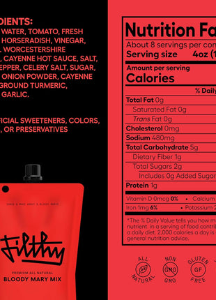 Filthy Bloody Mary Mix, Premium Cocktail Mixer - 32 Oz Pouch, 2 Pack | All-Natural Ingredients, Made with Real Tomatoes - Travel Friendly for Vacation & Home Bars - Non-GMO, Gluten-Free & Vegan