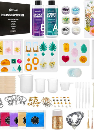 Piccassio Epoxy Resin Kit for Beginners – 208-Piece Jewelry Making & Craft Kit with Molds, Dried Flowers, Glitter & Tools – Complete Starter Set for Keychains, Bookmarks, Pendants & DIY Resin Art