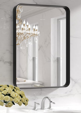LOAAO 22X30 Inch Black Bathroom Mirror Metal Framed | Rounded Rectangle, Matte Black Bathroom Vanity Mirror, Anti-Rust, Hangs Horizontally or Vertically
