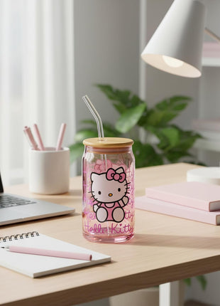 Silver Buffalo Sanrio Hello Kitty Waving Pink Glass Jar Tumbler with Bamboo Lid and Glass Straw, 16 Ounces