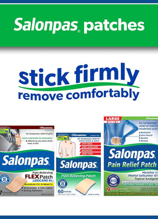 Salonpas Pain Relieving Patch for Back, Neck, Shoulder, Knee Pain and Muscle Soreness   8 Hour Pain Relief   60 Count