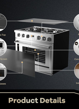 36" Stainless Steel Electric Range - 6 Cu.Ft Convection Oven with 5-Element Glass Cooktop, 6 Cooking Functions, Silver