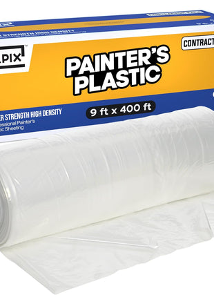 Painter's Plastic Film, 400' Length x 9' Width High, High Density Painters Plastic Sheeting Roll in Box with Dispense Hole for Easy Paint Plastic Covering