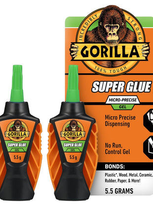 Gorilla Micro Precise Super Glue Gel, Cyanoacrylate Glue, Fast Setting, Precise Dispensing Tool, Anti-Clog Cap, Clear, 5.5g, (Pack of 2)