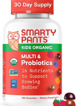 SmartyPants Organic Kids Multivitamin Gummies: Probiotics, Omega 3 (ALA), Vitamin D3, C, Vitamin B12, B6, A, K & Zinc for Immune Support, Biotin, Three Fruit Flavors, 120 Count (30 Day Supply)