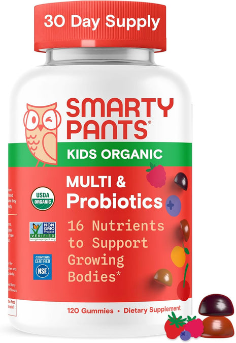 SmartyPants Organic Kids Multivitamin Gummies: Probiotics, Omega 3 (ALA), Vitamin D3, C, Vitamin B12, B6, A, K & Zinc for Immune Support, Biotin, Three Fruit Flavors, 120 Count (30 Day Supply)