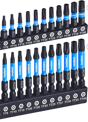 toolant 27PCS Impact Torx Bit Set TT7-TT40 S2 Steel Security Torx | CNC-machined S2 steel bits with 1" & 2" lengths, magnetic holder and storage box for lasting performance
