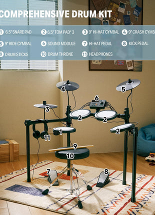 Donner Electric Drum Set, DED 70 Electronic Drum Kit for Beginner with 150 Sounds, 4 Quiet Mesh Pads, 9 inch Cymbals, USB MIDI, Type C Charging, 2 Pedal, Throne, Headphones, Sticks, Melodics Lessons