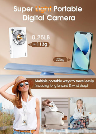 Digital Camera,Autofocus 4K Vlogging Camera for Photography with 32GB Card,48MP Portable Compact Point and Shoot Digital Camera for Teens Adult Beginner with 16X Zoom,Anti-Shake,2 Batteries(White)