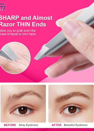 Expert Slant Tip Tweezers with Leather Case, GlamTweeler Sharp & Precision Stainless Steel Tweezer for Eyebrows, Facial Hair and Fine Hairs Removal (Silver)