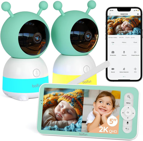Boifun 2K Wifi Baby Monitor with 2 Cameras, Soothing Night Light, APP & 5inch Split-screen Control, Motion/Cries/Noise/Customizable Alarm Zones Detect, Auto Tracking, PTZ, Humidity&Temperature Monitoring