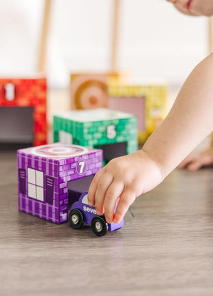 Melissa & Doug Nesting and Sorting Garages and Cars with 7 Graduated Garages and 7 Stackable Wooden Cars - FSC Certified