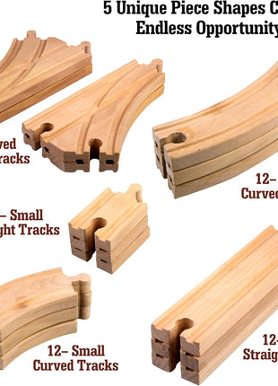 Wooden Train Track 52 Piece Set-18 Feet Of Track Expansion - 5 Distinct Pieces - 100% Compatible with All Major Brands Including Thomas Wooden Railway System: Screen Free Christmas Gift For Toddlers