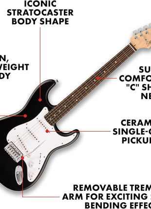 Fender Squier Debut Series Stratocaster Electric Guitar Kit, Beginner Guitar Kit, with 2 Year Warranty, with Padded Gig Bag, Frontman 10G Amp, Strap, and More, Includes Free Lessons, Black