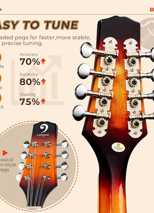 Vangoa Mandolin Musical Instrument A Style, Acoustic Mandolin Instrument Kit Italian 8 String for Professional Beginners Adults Teens Youth Kids, Sunburst, Glossy