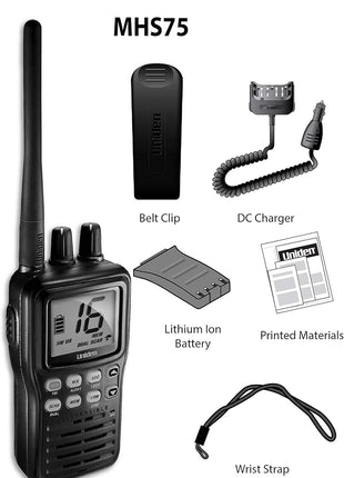 Uniden MHS75 Waterproof Handheld 2-Way VHF Marine radio, Submersible, Selectable 1/2.5/5 Watt Transmit Power. All USA/International and Canadian Marine Channels - Color Black