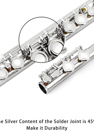 EastRock Closed Hole Flutes C 16 Key for Beginner, Kids, Student Silver Nickel Flute with Case Stand and Cleaning kit
