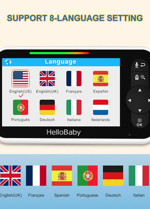 HelloBaby 5 Inch Video Baby Monitor with Camera and Audio, Remote Pan-Tilt-Zoom Camera with Night Vision, 2-Way Talk, Temperature, 8 Lullabies and 1000ft Range Baby Monitor No WiFi Needed